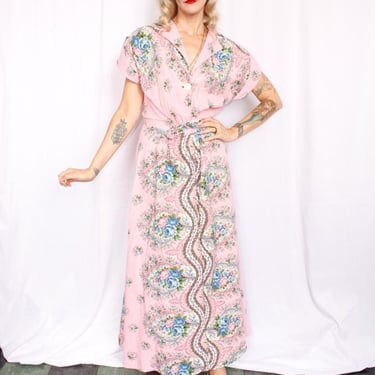 1940s Cotton Seersucker Floral Dressing Gown - Large 