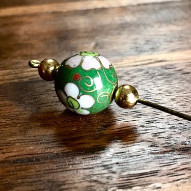 Vintage Porcelain Hat Pin Brass Hand Painted Flowers 1930s Green Pink Retro Estate Jewelry 