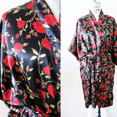 Vintage 90s Satin Floral Short Robe S M -   Black Red Roses Floral Print Lounge Silky Getting Ready Robe 