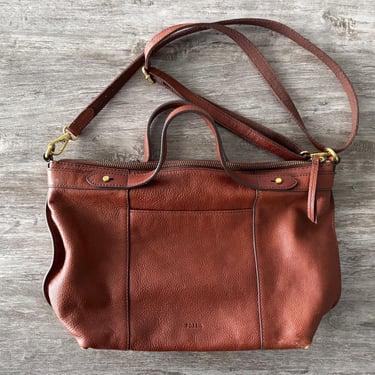 Vintage Fossil Leather Satchel Bag Purse Brown Gold Top Handle Shoulder Strap Boho 