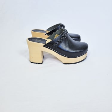 Swedish Hasbeens Black Leather Louise Clog Shoes Platforms I Sz 39 I Sz 9 