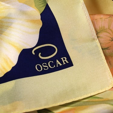Vintage Oscar De La Renta Hand Rolled Silk Scarf | Blue with Yellow Poppies | Vintage Oscar De La Renta Floral Square Scarf 