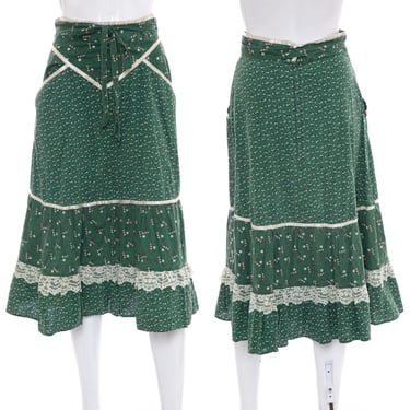 1970's Gunne Sax Green Floral Print and Lace Detail Skirt Size 26