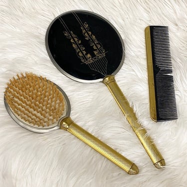 Antique Art Deco Brass Hand Mirror and Hair Brush Vanity Set Vintage Vanity Copper, Gold Color Hand Mirror & Brush Set  main image 3