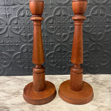 Tall Wood Carved Candle Holders x 2