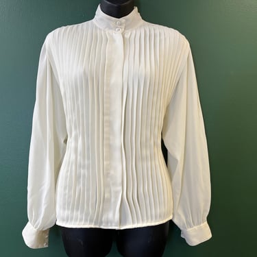 vintage pleated blouse 1980s ivory secretary dress top large 
