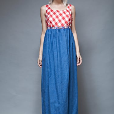 gingham maxi dress, red white blue, gingham plaid dress, sleeveless dress, vintage 70s cotton chambray empire waist LARGE L 