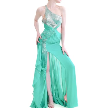 Versace Documented Runway Spring 2010 Aqua Metal Studded One Shoulder Gown 