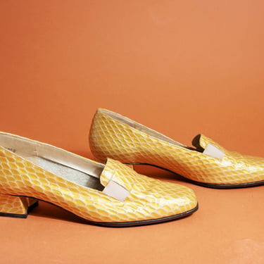 80s Bright Sunshine Yellow Embossed Loafers Vintage Colorful Patterned Slip on Loafers 