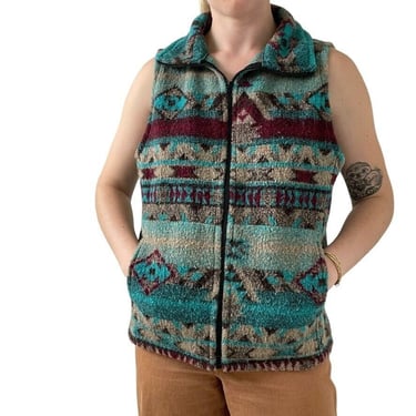 Vintage 90s Womens Western Blue Aztec Full Zip Deep Pile Fleece Vest Jacket Sz M 