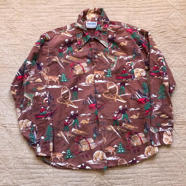 70s Hunting and Fishing Novelty Print Shirt Medium 