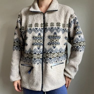 Vintage 90s Womens Woolrich Fleece Full Zip Blue White Christmas Jacket Sz L 