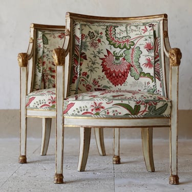 Rare Pair of 19th C. Tuscan Gilded & Lacquered Gondola Armchairs Upholstered in Pierre Frey & Ian Mankin