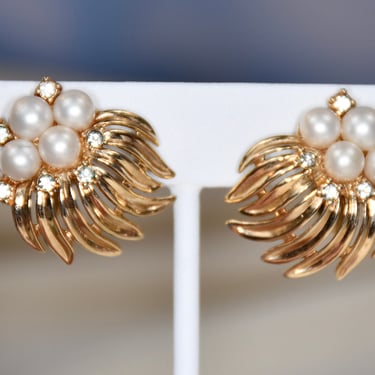 CROWN  TRIFARI Signed 18K Gold Plated Clip-On Earrings Pearls & Swarovski Crystals RARE 1950s Highly Collectible Special Birthday Gift 