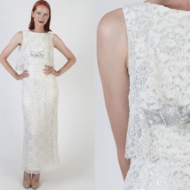 Long Silver Lace Dress, Vintage 60s Wiggle, Cocktail Party Outfit, Mid Century Maxi Gown 