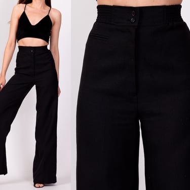70s Black Wide Leg High Waisted Pants - Extra Small, 22"-25" | Vintage College Town Retro Minimalist Flared Trousers 