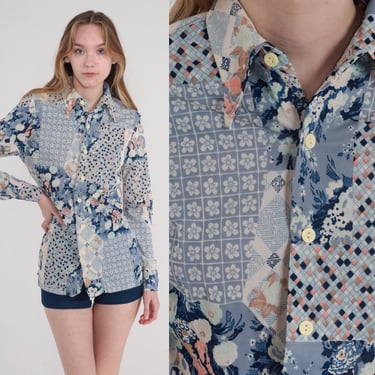 Patchwork Floral Shirt 70s Disco Shirt Button Up Retro Collared Abstract Flower Print Top Blue White Vintage 1970s Long Sleeve Small Medium 
