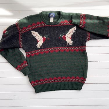 duck wool sweater 80s 90s vintage Woolrich green intarsia sweater 