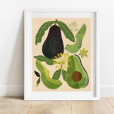 Avocado Halves and Slices 8 X 10 Art Print/ Vegetable Kitchen Wall Decor/ Food Illustration/ Farmers Market Produce Art 