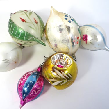 Vintage Christmas Teardrop Round Ornaments - Set of 6 Handblown Glass Ornaments 