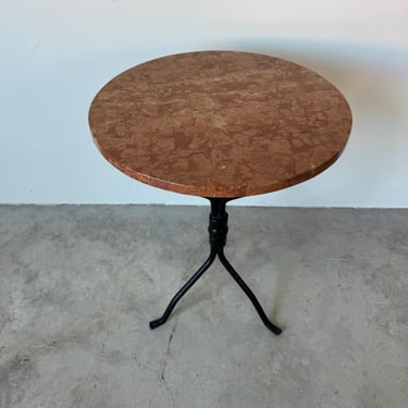 Vintage Tripod Metal Base and Rosso Verona Marble Top Side Table 