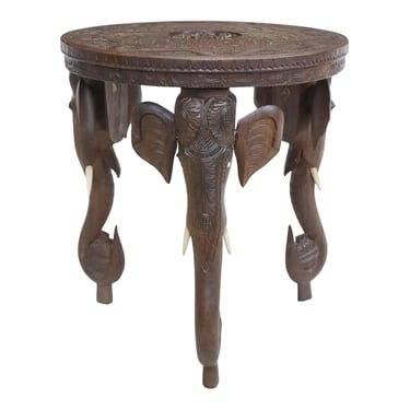 Burmese Carved Hardwood Accent / Side Table with Figural Elephant Head and Trunk Supports 