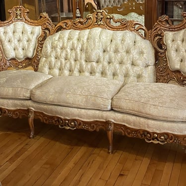 Queen Ann Style Couch w Carved Wood Accents