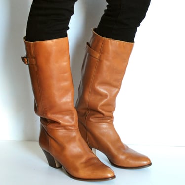 1970s Saddle Brown Leather Boots - Vintage 70s Pull On Western Bootalinos by Corelli - Size 9 