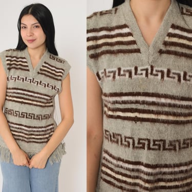 Vintage Striped Sweater Vest 90s Grey Wool Knit Vest Top Boho Greek Key Fringe Retro Sleeveless V Neck Pullover Brown 1990s Extra Small xs 