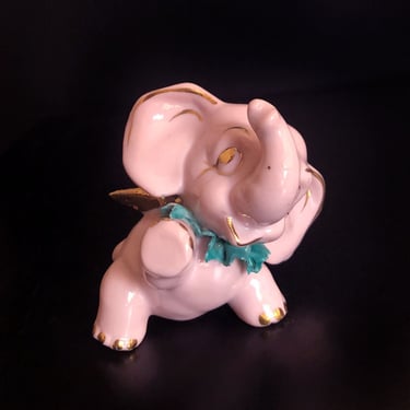 50's Mid Century Pink Elephant, Gold Angel Wings, Vintage Porcelain Ceramic Figurine 1940's, 1950's, 1960's California Japan 
