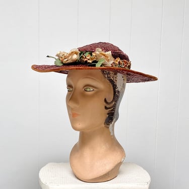 Vintage 1940s Brown Straw Hat w/Floral Trim, 40s Low Crown Medium Brim Summer Platter Hat, One Size 