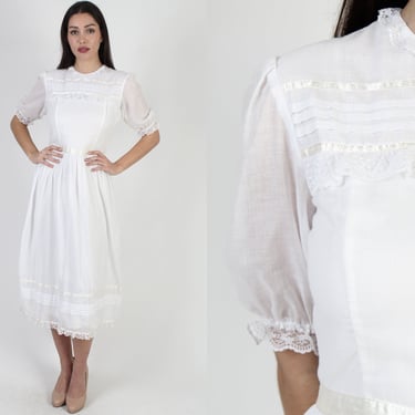 1970s Gunne Sax Dress / White Plain Romantic Deco Dress / Plain Sheer Floral Lawn Mini / Vintage Half Sleeve Midi Dress Size 