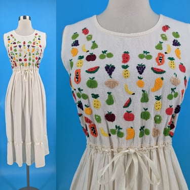 Vintage Sleeveless Embroidered Fruit White Cotton Dress - Fits up to a Large 