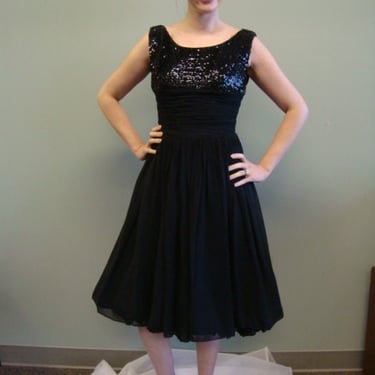 60's Short Black Chiffon Vintage Prom Dress with Sequined Top 