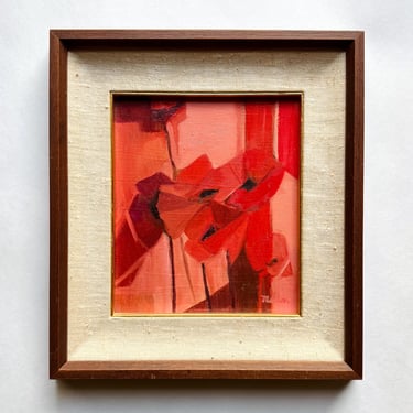 Modernist Red Poppies Oil Painting Artist Signed Vintage MCM Abstract Minimalism 