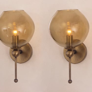 Set of 2 Murano smoky bronze glass wall lamps, handmade blown glass organic sphere with brass structure, Made in Italy deco design lamp 