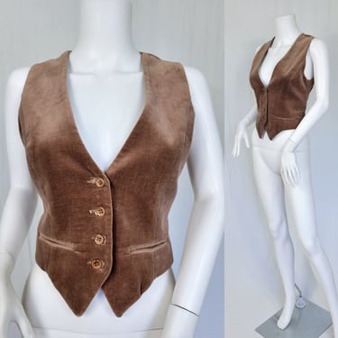 Ellen Tracy 1970's Tan Cotton Velvet Button Up Vest I Sz Sm I I Magnin 