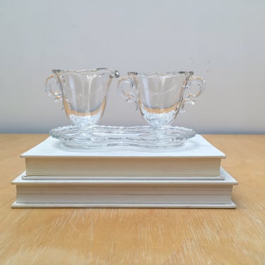 Vintage Glass Creamer and Sugar Bowl 3-piece Set with Tray, Elegant Pressed Glass Kitchen to Table Serving Dishes with Scroll Motif 