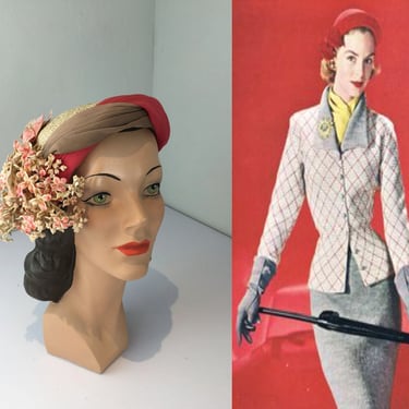 Sweet Side Glances - Vintage 1950s Jan Leslie Natural Straw Caplet Hat w/Amaranth & Beige Florals 