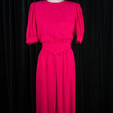 Vintage 1980s Maggy London Hot Pink Silk Belted Dress with Balloon Half Sleeves 