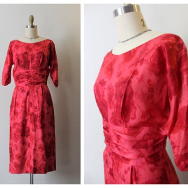 Vintage 1950s 50s Red Marbled Wiggle cinch waist Dress Alice of California vtg 1960s hourglass // Modern Size US 4 6 Small 