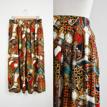 1990s Pocket Watch Printed Rayon Midi Skirt 