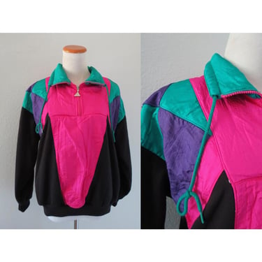 Vintage Windbreaker Pullover Jacket Color Block Sweatshirt 90s 1990s Fleece Lined Sweater - Size Large 