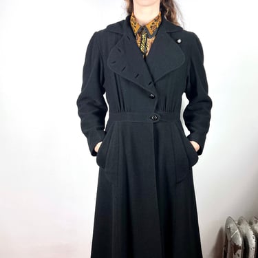 Vintage 1930s 1940s Long Coat Jacket / Vintage Boucle Black Coat Jacket / 40s Wool Suit Jacket / Rockabilly Pin Up Pinup VLV Large Medium 