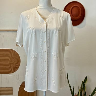 Vintage 90s Marks & Spencer White Floral Embroidered Short Sleeve Blouse Top 