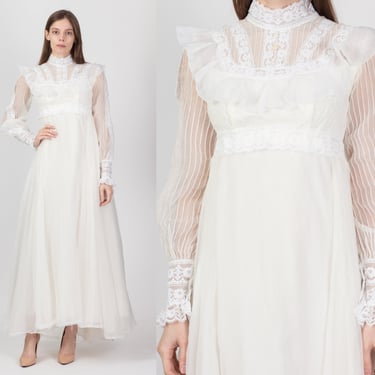 60s 70s White Lace Trim Prairie Wedding Dress - Extra Small | Vintage Boho Long Sleeve Hippie Bridal Formal Maxi Gown 