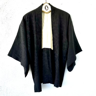 Vintage Japanese Black Kimono Cardigan Bamboo Silk Top Oversized Asian Robe Open Concept Shirt 