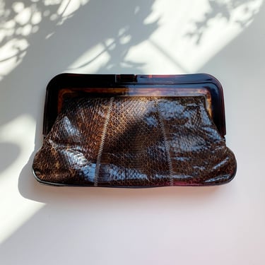 Brown Snakeskin Clutch With Acrylic Handle