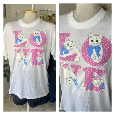 Vintage 1990s Paper-Thin Made in USA T-Shirt - Size Medium to Large - Soft Graphic Tee with Love & Cats Design 