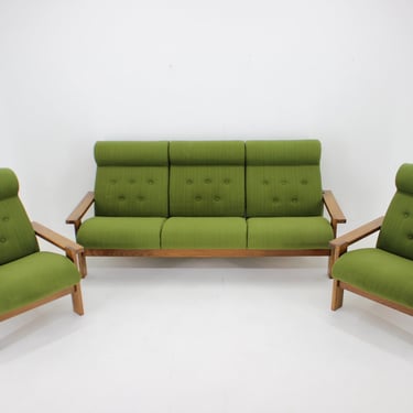 1970s Living Room Beech Set, Czechoslovakia / Vintage Furniture / Vintage Sofa & Two Armchairs 